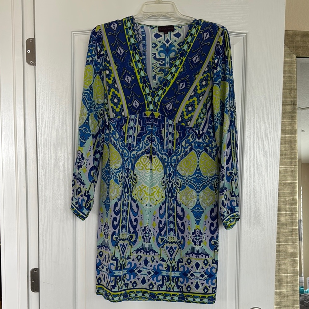 Hale Bob Blue and Green V-Neck Long Sleeve Dress